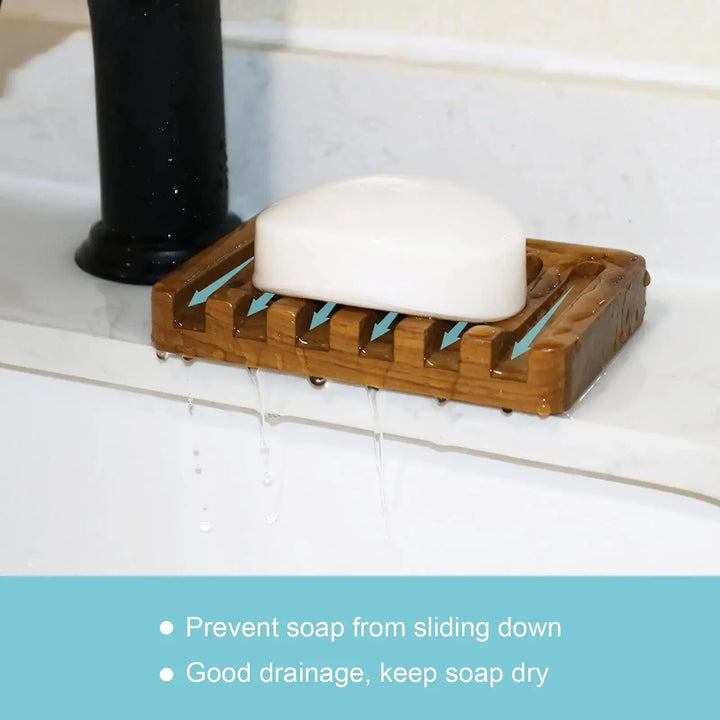 Soap Dish with Slanted Waterfall Design by HTB, Bar Soap Holder Teak Wood, Soap Saver for Shower, Bathroom, Sink, Kitchen and Countertop 