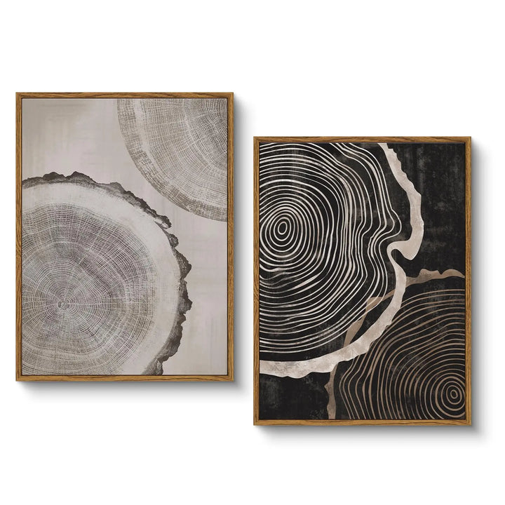 HUARCEY Framed Canvas Art Print Set 2PCS Wood Tree Ring Spiral Wall Art, Modern Neutral Nature Print Set of 2 Minimalist Abstract Nordic Wall Decor, Diptych Log Slice Wood Stump Painting