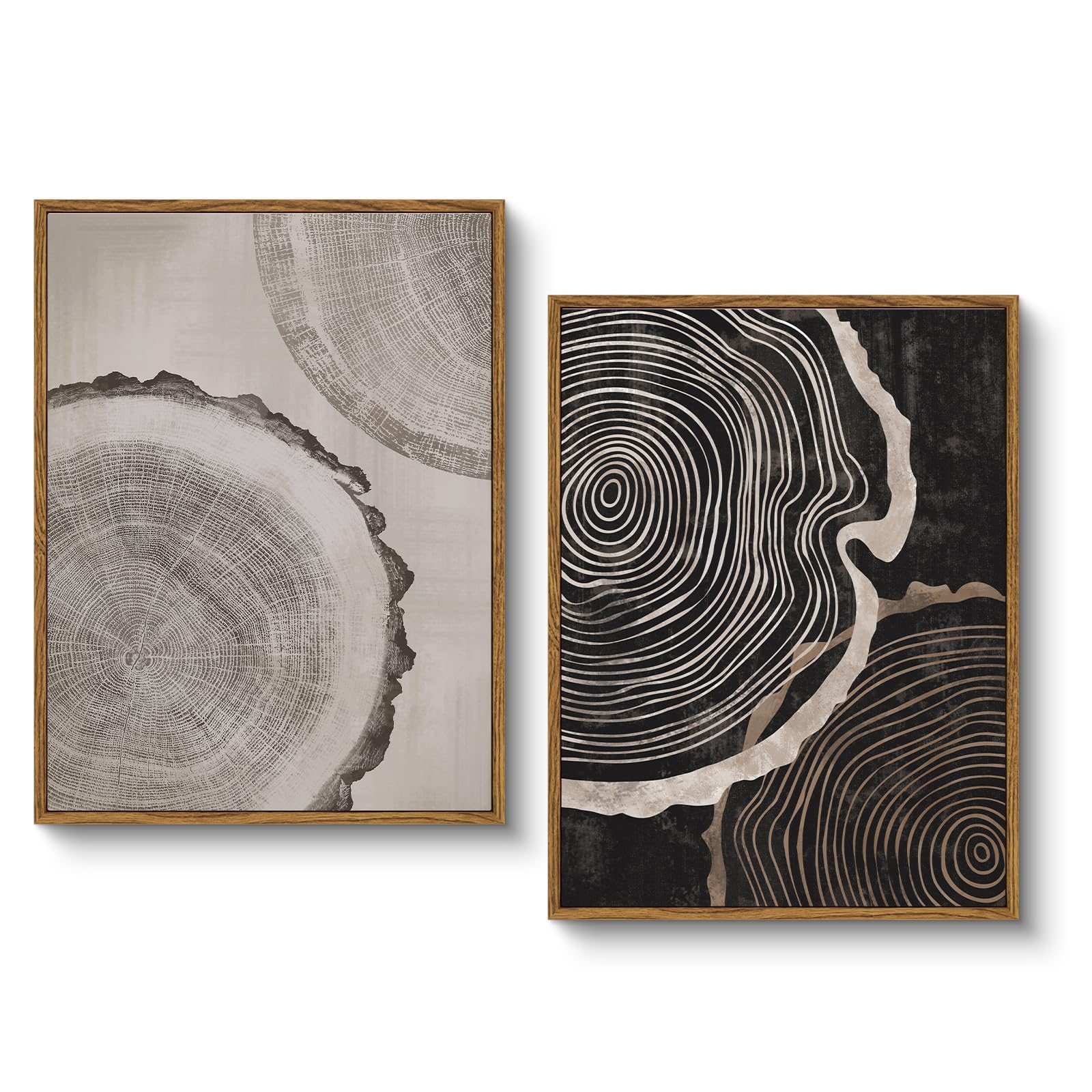 HUARCEY Framed Canvas Art Print Set 2PCS Wood Tree Ring Spiral Wall Art, Modern Neutral Nature Print Set of 2 Minimalist Abstract Nordic Wall Decor, Diptych Log Slice Wood Stump Painting 