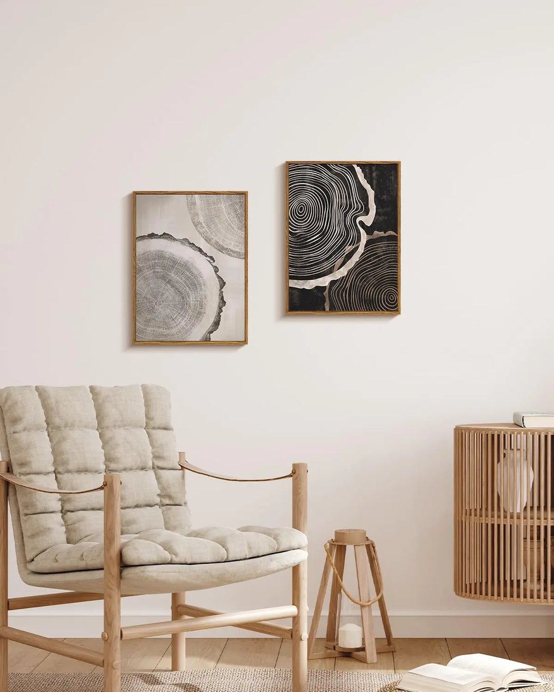 HUARCEY Framed Canvas Art Print Set 2PCS Wood Tree Ring Spiral Wall Art, Modern Neutral Nature Print Set of 2 Minimalist Abstract Nordic Wall Decor, Diptych Log Slice Wood Stump Painting