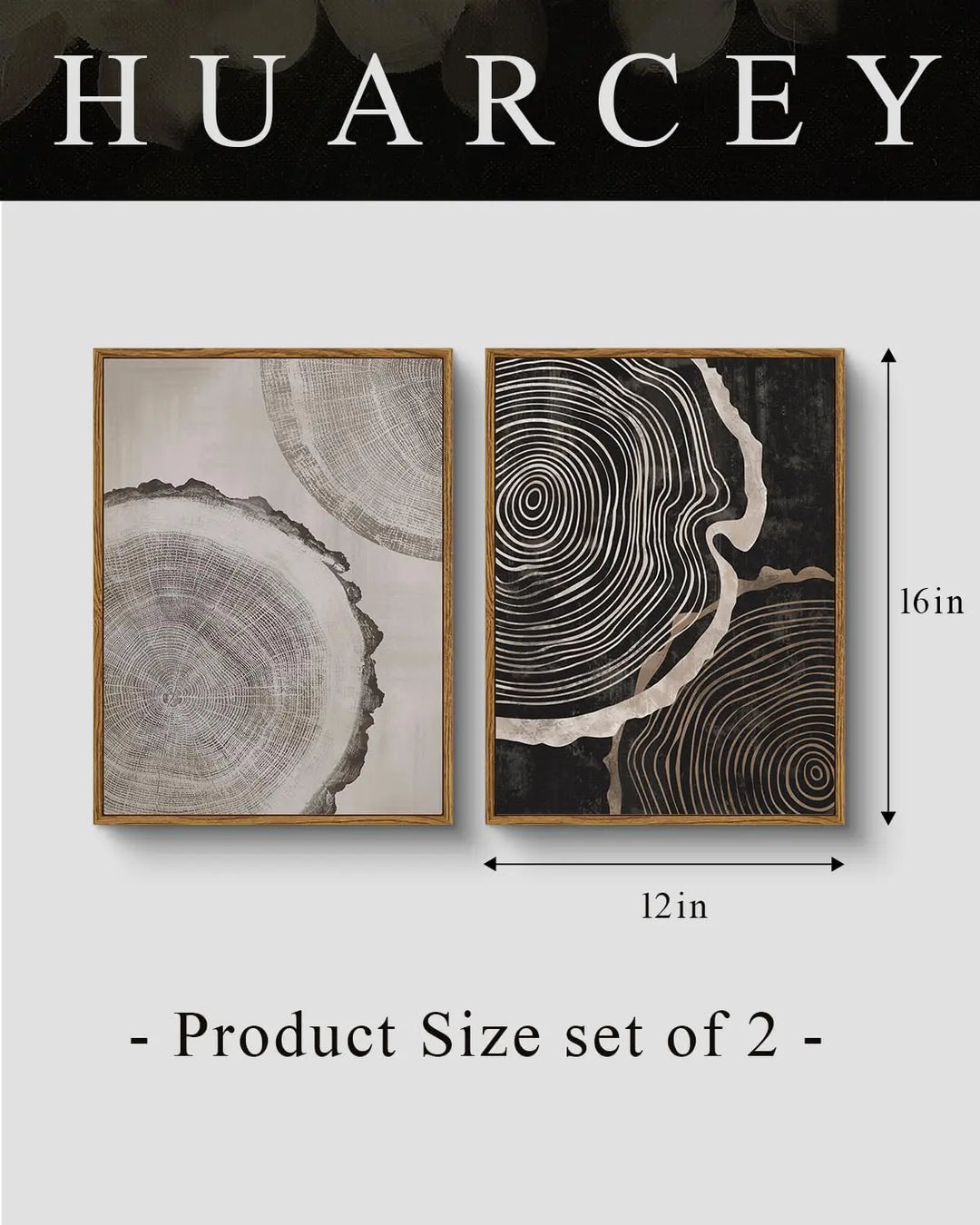 HUARCEY Framed Canvas Art Print Set 2PCS Wood Tree Ring Spiral Wall Art, Modern Neutral Nature Print Set of 2 Minimalist Abstract Nordic Wall Decor, Diptych Log Slice Wood Stump Painting