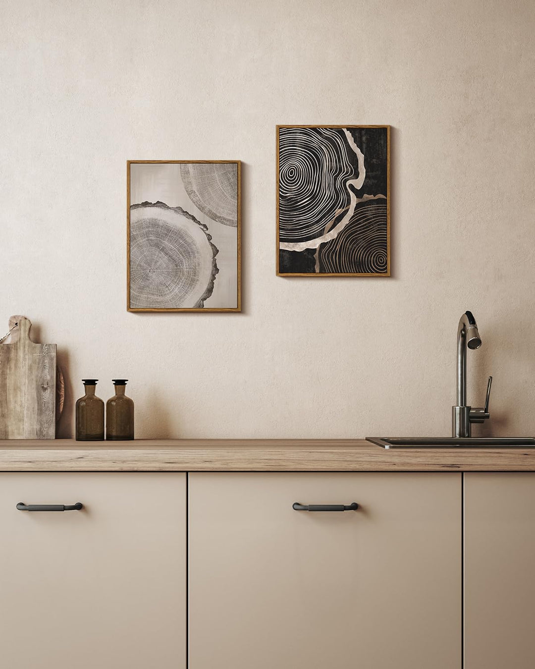 HUARCEY Framed Canvas Art Print Set 2PCS Wood Tree Ring Spiral Wall Art, Modern Neutral Nature Print Set of 2 Minimalist Abstract Nordic Wall Decor, Diptych Log Slice Wood Stump Painting 