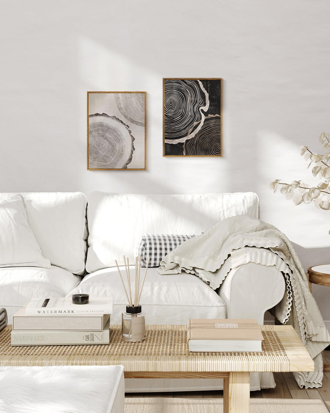 HUARCEY Framed Canvas Art Print Set 2PCS Wood Tree Ring Spiral Wall Art, Modern Neutral Nature Print Set of 2 Minimalist Abstract Nordic Wall Decor, Diptych Log Slice Wood Stump Painting 