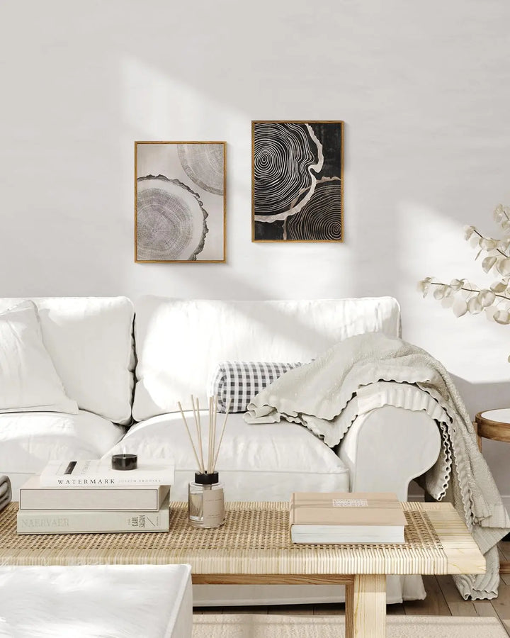 HUARCEY Framed Canvas Art Print Set 2PCS Wood Tree Ring Spiral Wall Art, Modern Neutral Nature Print Set of 2 Minimalist Abstract Nordic Wall Decor, Diptych Log Slice Wood Stump Painting