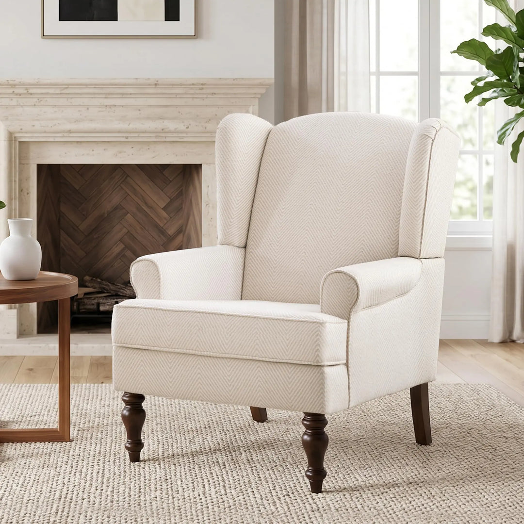 HUIMO Printed Wingback Accent Chair, Linen Upholstered High Back Armchair, Comfy Reading Chair for Living Room Bedroom Study, 300lbs Weight Capacity (1, Tan with Lines)