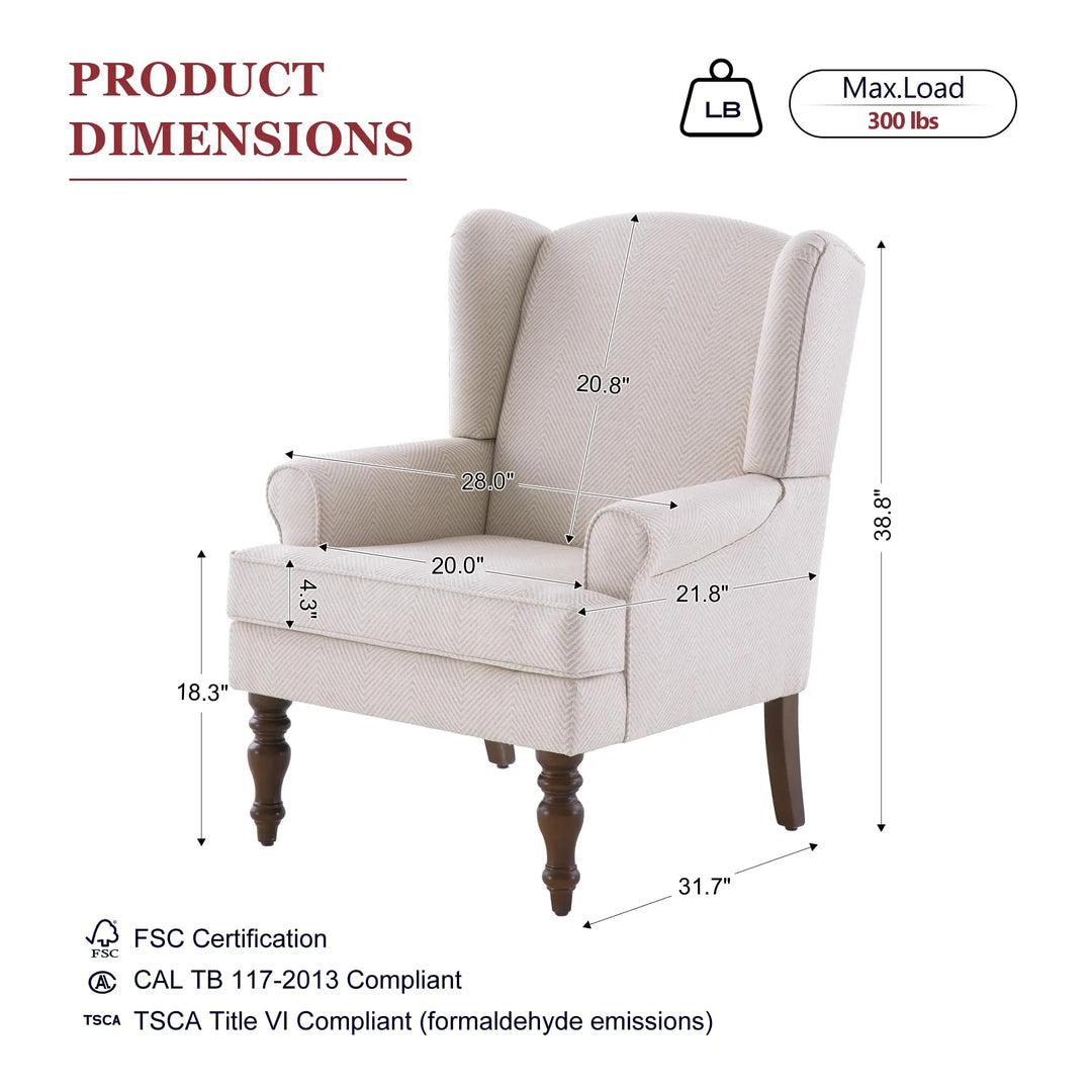 HUIMO Printed Wingback Accent Chair, Linen Upholstered High Back Armchair, Comfy Reading Chair for Living Room Bedroom Study, 300lbs Weight Capacity (1, Tan with Lines)