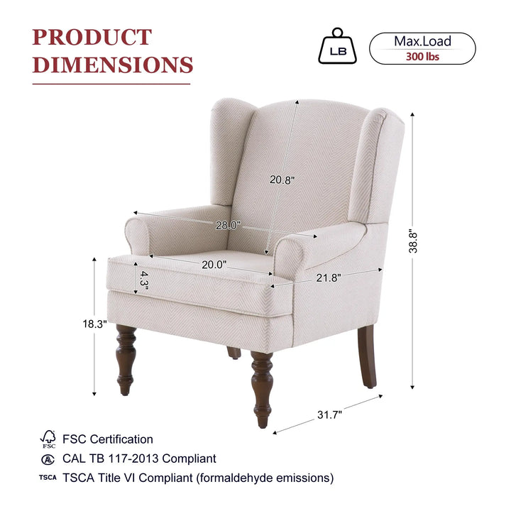 HUIMO Printed Wingback Accent Chair, Linen Upholstered High Back Armchair, Comfy Reading Chair for Living Room Bedroom Study, 300lbs Weight Capacity (1, Tan with Lines)