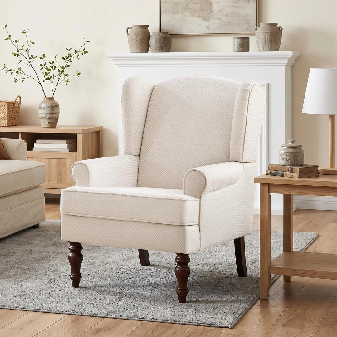 HUIMO Printed Wingback Accent Chair, Linen Upholstered High Back Armchair, Comfy Reading Chair for Living Room Bedroom Study, 300lbs Weight Capacity (1, Tan with Lines)