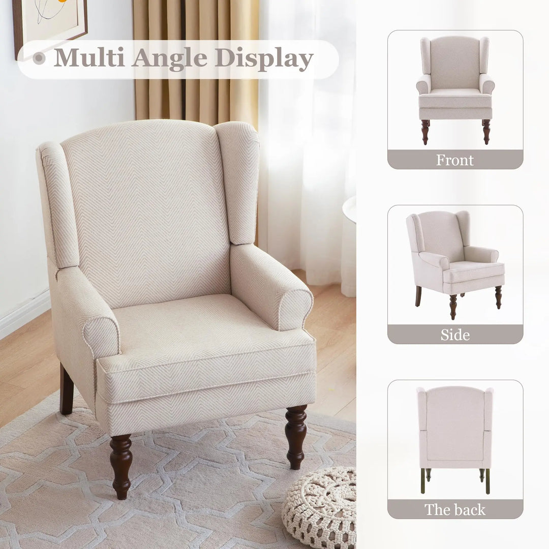 HUIMO Printed Wingback Accent Chair, Linen Upholstered High Back Armchair, Comfy Reading Chair for Living Room Bedroom Study, 300lbs Weight Capacity (1, Tan with Lines)