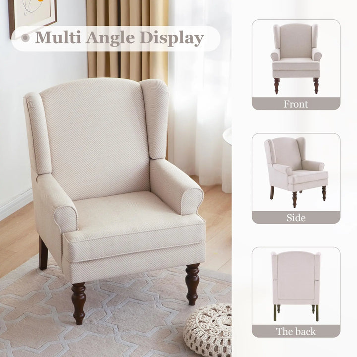 HUIMO Printed Wingback Accent Chair, Linen Upholstered High Back Armchair, Comfy Reading Chair for Living Room Bedroom Study, 300lbs Weight Capacity (1, Tan with Lines)