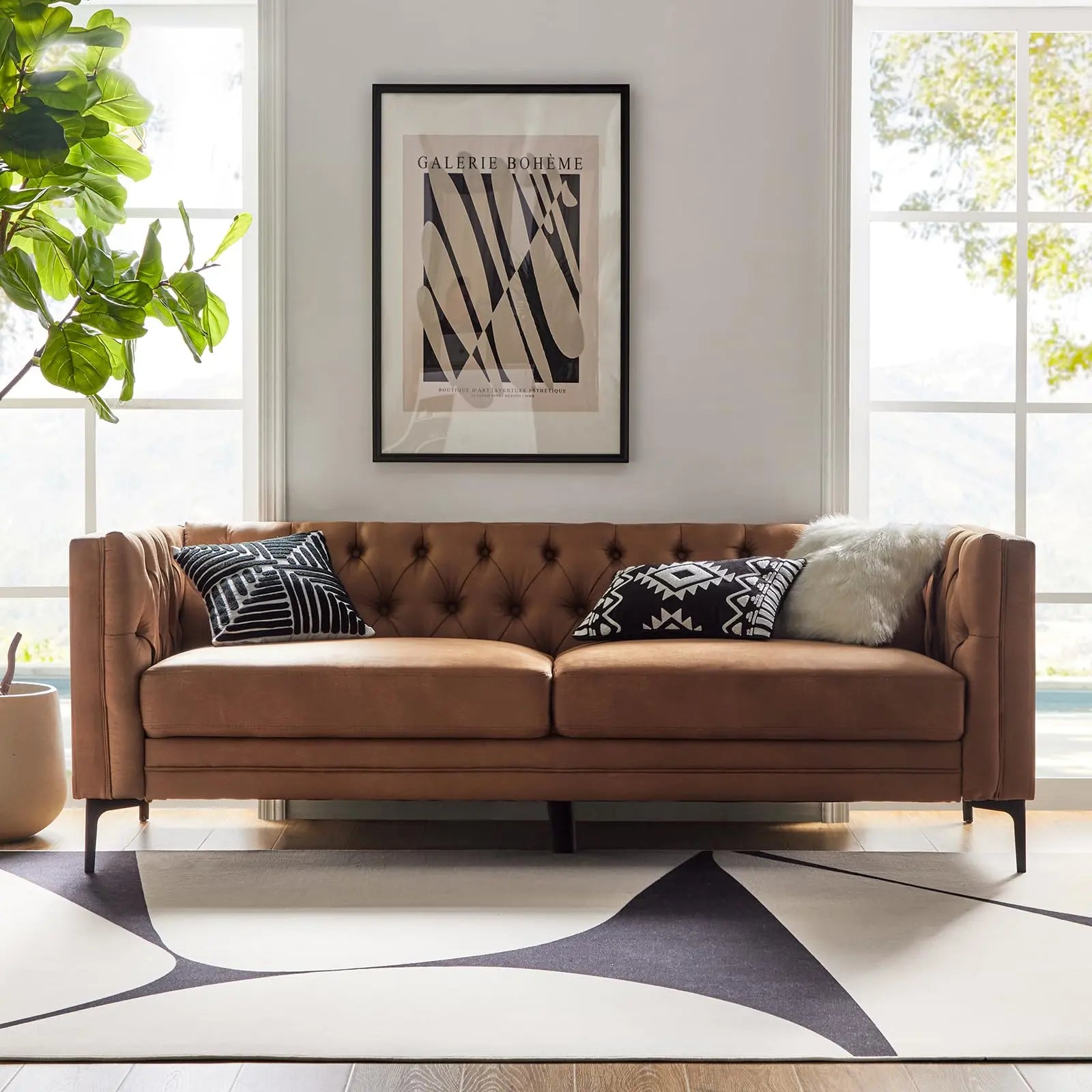 HULALA HOME 84" W Suede Faux Leather Sofa, Metal Legs, Button-Tufted 3-Seater Modern Upholstered Sofa - Camel 