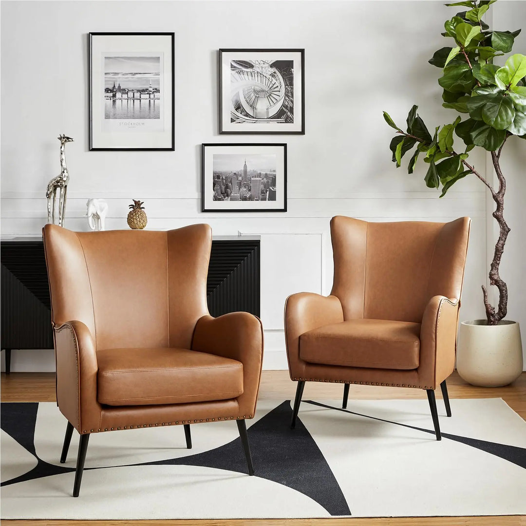 HULALA HOME Faux Leather Accent Chair, Set of 2, Camel