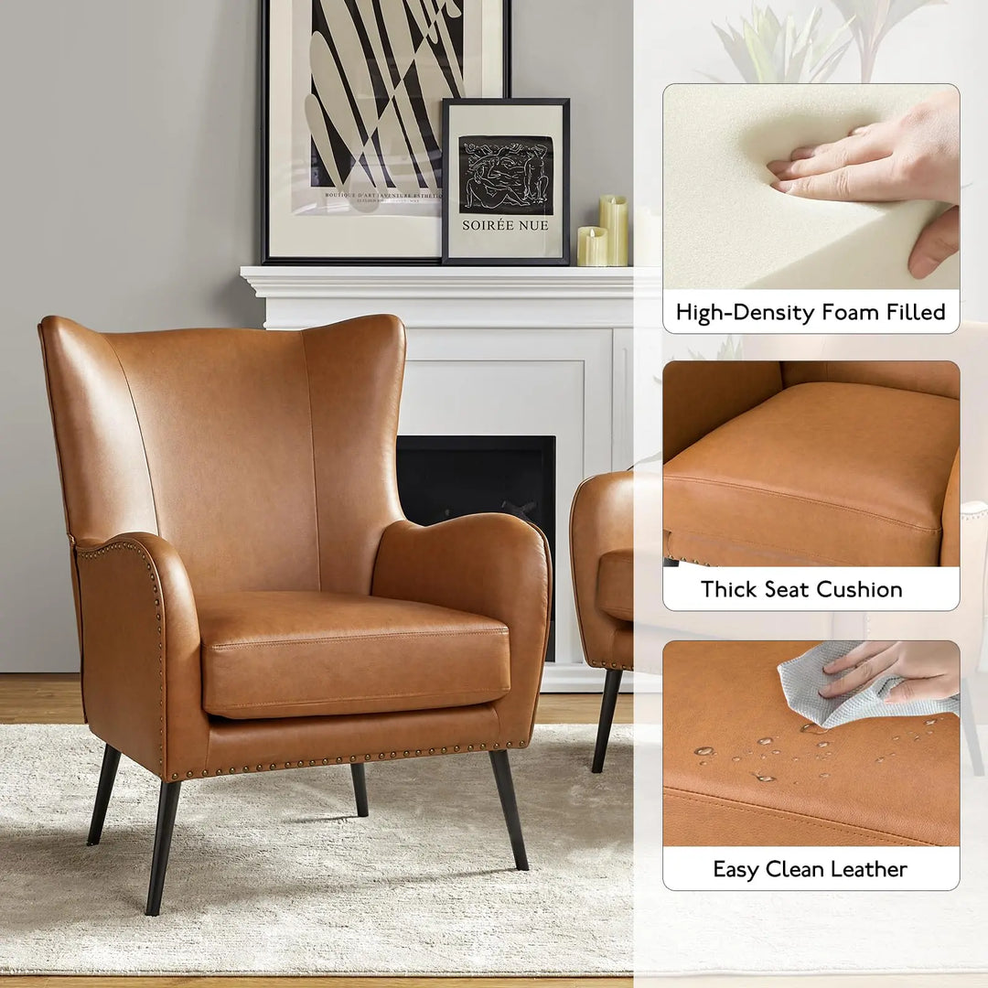 HULALA HOME Faux Leather Accent Chair, Set of 2, Camel