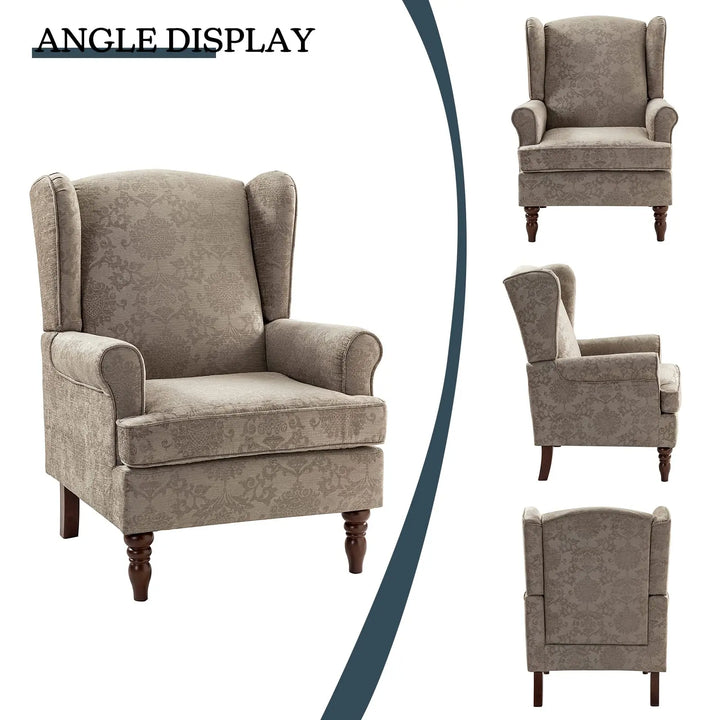 HULALA HOME Wingback Accent Chair with Retro Wood Legs, Traditional Fabric Armchair for Living Room Bedroom, Comfy Upholstered Single Sofa Chair Reading Chair with Unique Pattern Design, Brocade