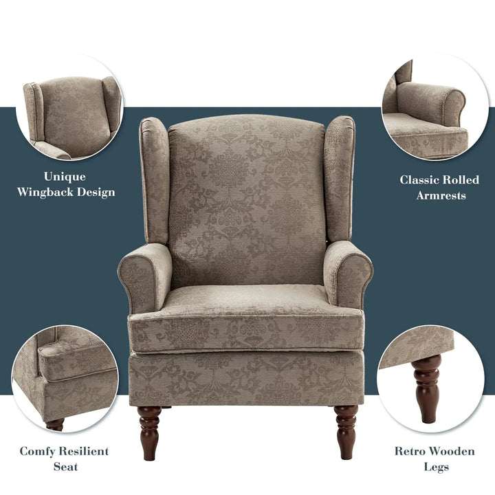 HULALA HOME Wingback Accent Chair with Retro Wood Legs, Traditional Fabric Armchair for Living Room Bedroom, Comfy Upholstered Single Sofa Chair Reading Chair with Unique Pattern Design, Brocade