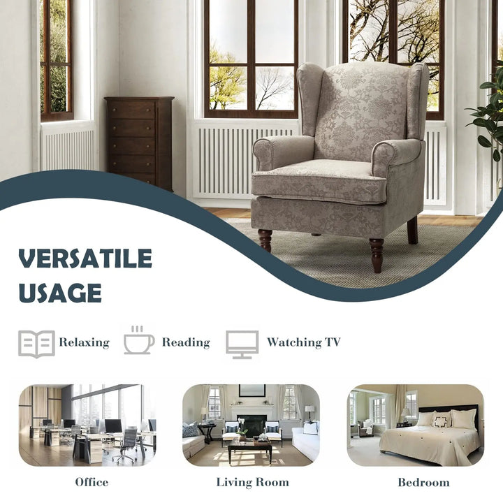 HULALA HOME Wingback Accent Chair with Retro Wood Legs, Traditional Fabric Armchair for Living Room Bedroom, Comfy Upholstered Single Sofa Chair Reading Chair with Unique Pattern Design, Brocade