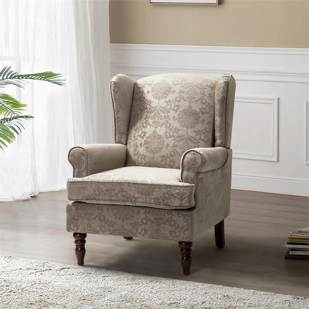 HULALA HOME Wingback Accent Chair with Retro Wood Legs, Traditional Fabric Comfy Upholstered Reading Chair - Brocade 