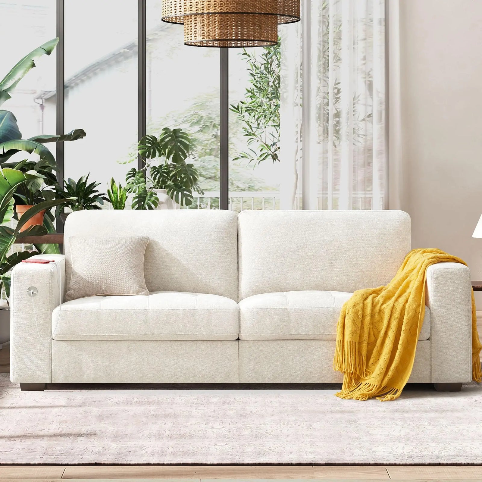 Hanherry Sofa, Medium Firm Seat Cushion, Removable Cover, Wide Armrest, USB/Type-C Port, Chenille Fabric Sofa 89” - Beige 