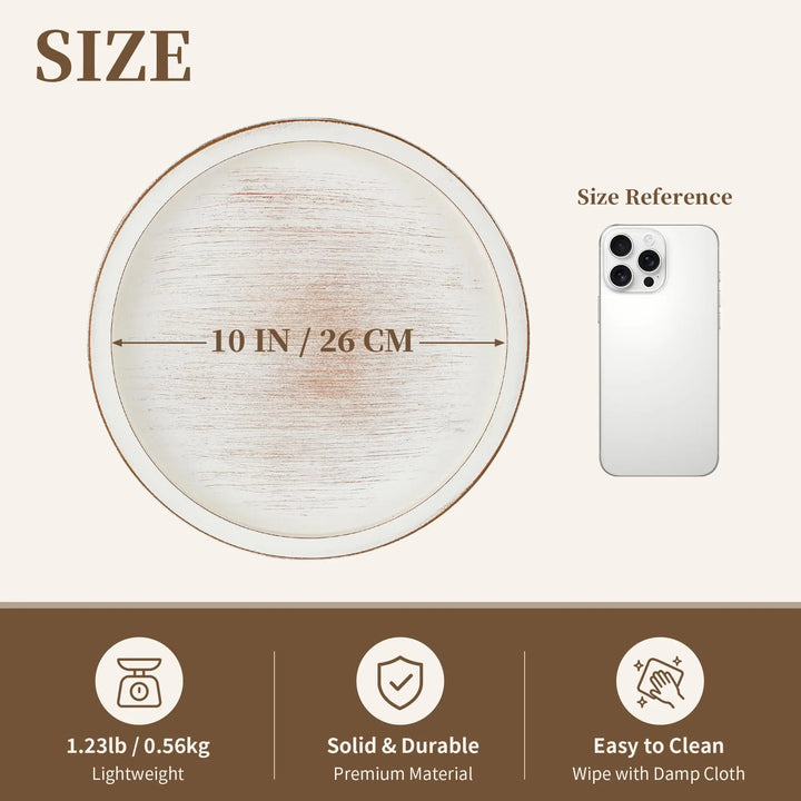 Hanobe Decorative Tray for Coffee Table: 11.8" Round Whitewashed Wood Tray for Rustic Farmhouse Living Room Kitchen Island Entryway Home Decor