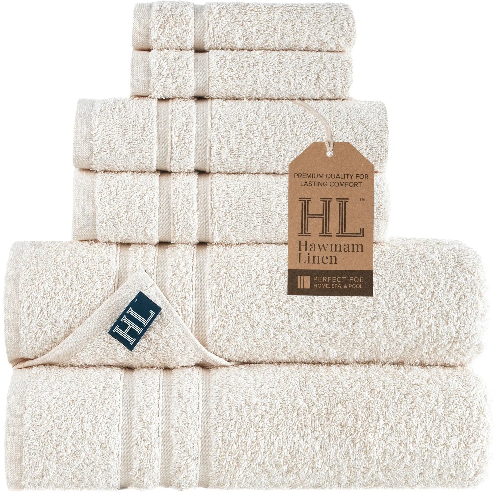 Hawmam Linen Cream 6 Piece Bath Towels Set for Bathroom Original Turkish Cotton Soft, Absorbent and Premium 2 Bath Towels, 2 Hand Towels, 2 Washcloths (Sea Salt) 