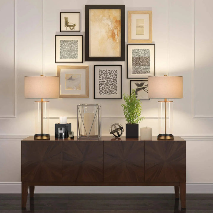 Henn&amp;Hart antique brass table lamp with a white fabric shade