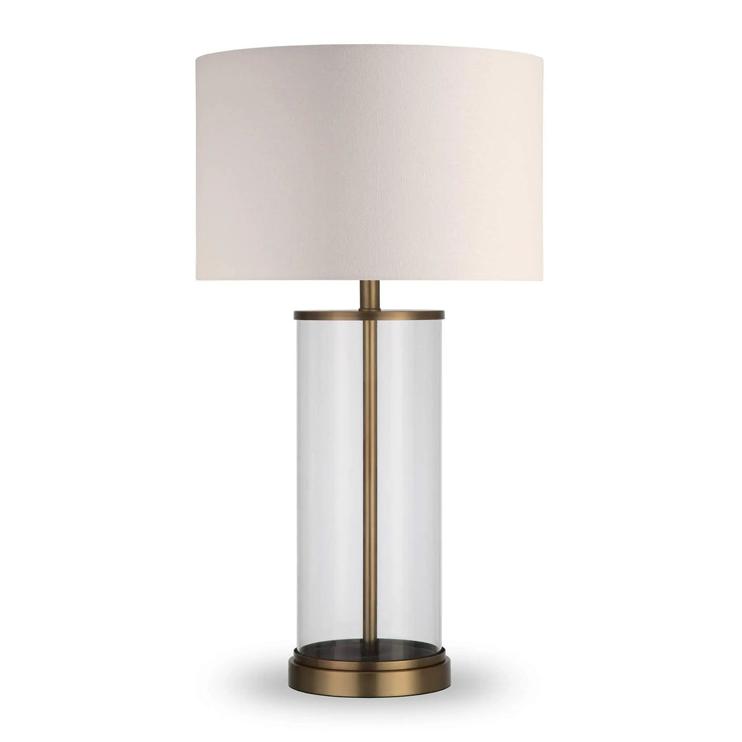 Henn&amp;Hart 28 Inch Tall Table Lamp with Fabric Shade, Antique Brass/White