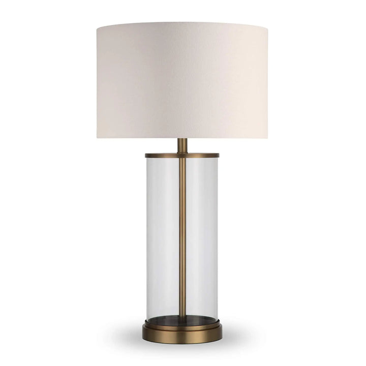 Henn&amp;Hart 28 Inch Tall Table Lamp with Fabric Shade, Antique Brass/White