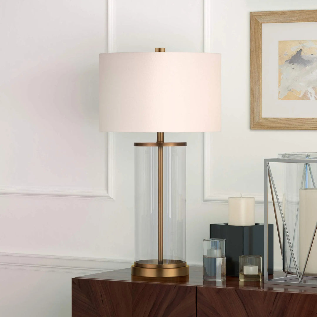 Henn&amp;Hart 28 Inch Tall Table Lamp with Fabric Shade, Antique Brass/White