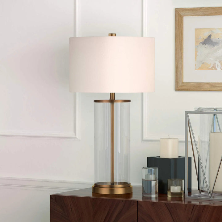 Henn&amp;Hart 28 Inch Tall Table Lamp with Fabric Shade, Antique Brass/White