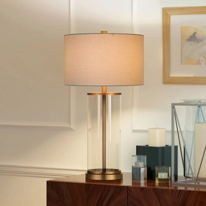 Henn&amp;Hart 28 Inch Tall Table Lamp with Fabric Shade, Antique Brass/White
