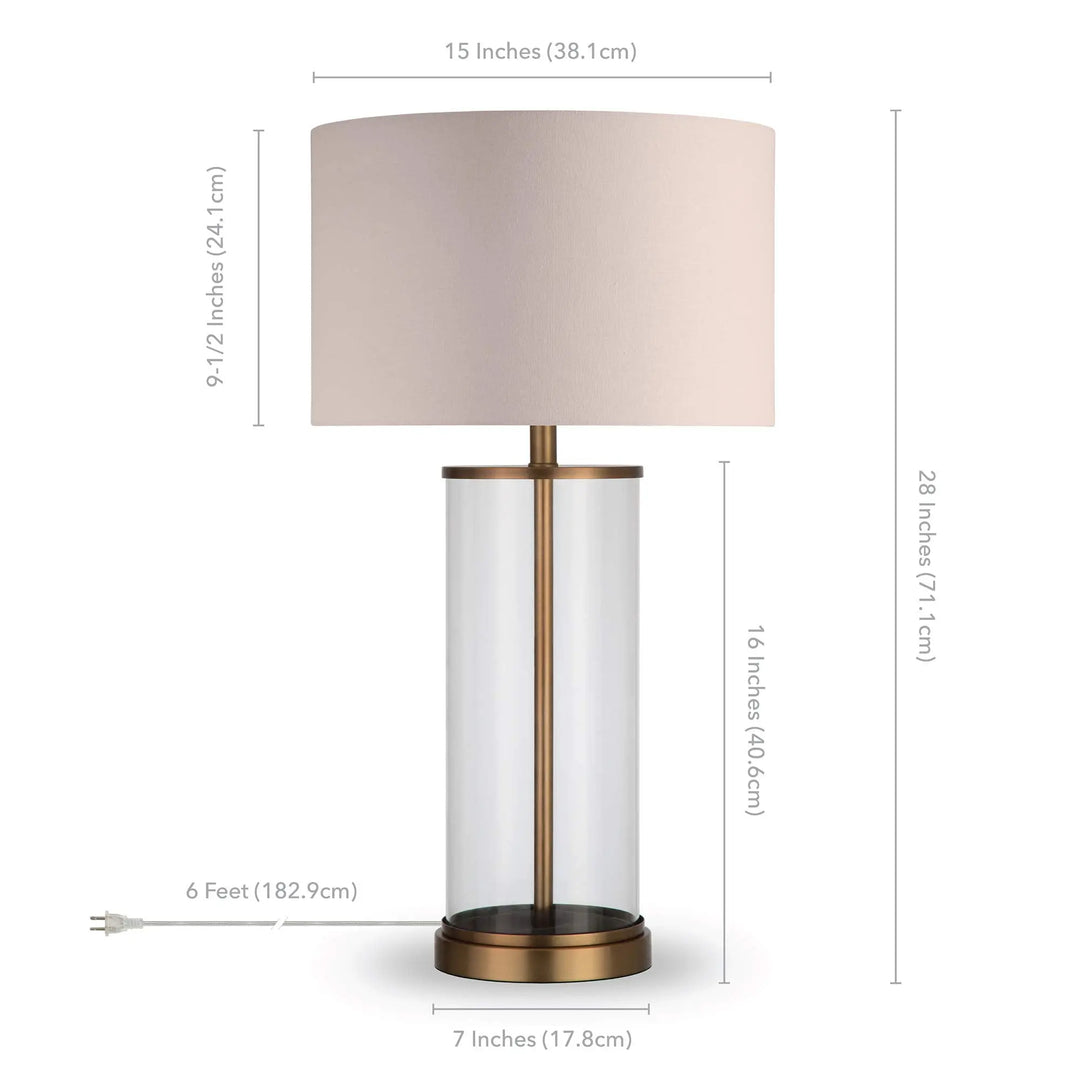 Henn&amp;Hart 28 Inch Tall Table Lamp with Fabric Shade, Antique Brass/White
