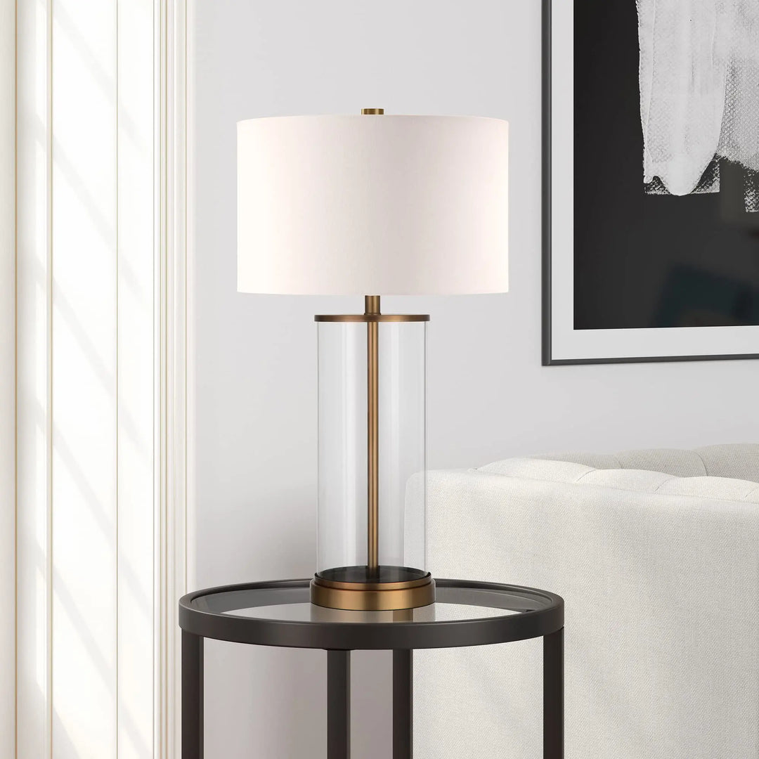 Henn&amp;Hart 28 Inch Tall Table Lamp with Fabric Shade, Antique Brass/White