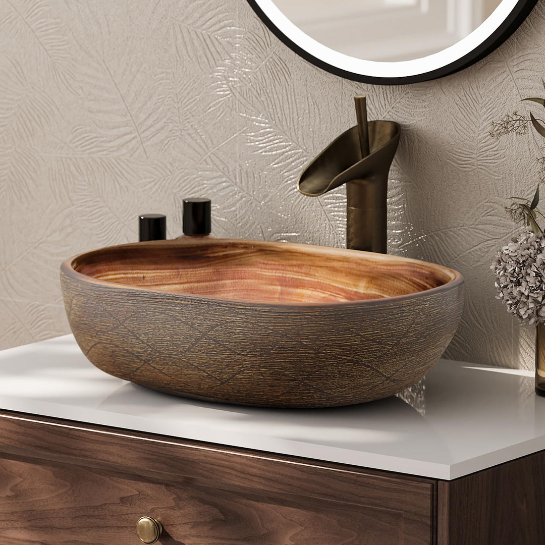 Homary Bathroom Vessel Sink, 18.82" Oval Bowl Sink Retro Ceramic Washbasin Above Counter for Bathroom,Without Pop-up Drain, Retro Brown 
