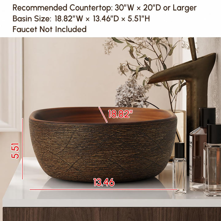 Homary Bathroom Vessel Sink, 18.82" Oval Bowl Sink Retro Ceramic Washbasin Above Counter for Bathroom,Without Pop-up Drain, Retro Brown 