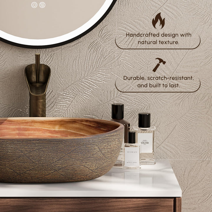 Homary Bathroom Vessel Sink, 18.82" Oval Bowl Sink Retro Ceramic Washbasin Above Counter for Bathroom,Without Pop-up Drain, Retro Brown 