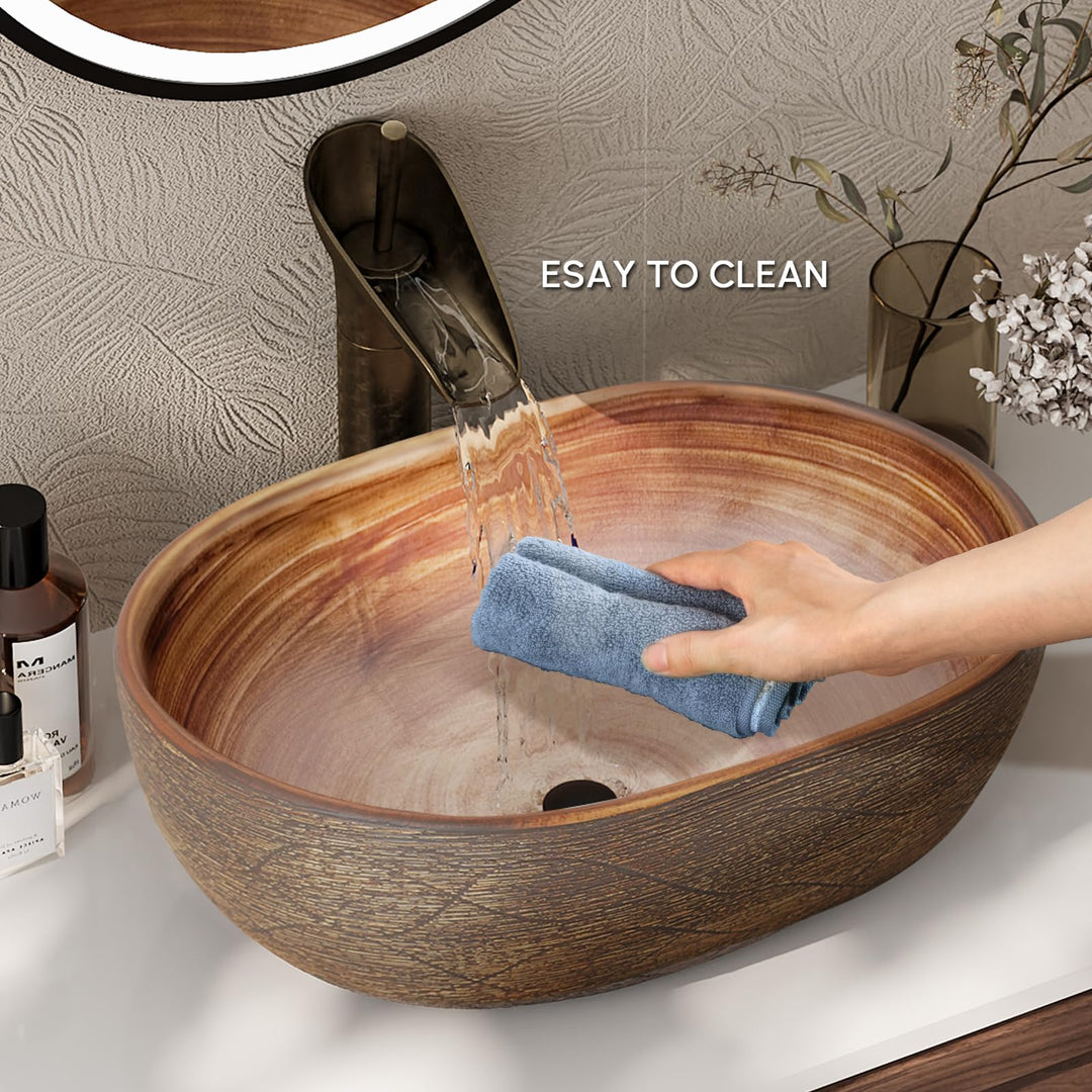 Homary Bathroom Vessel Sink, 18.82" Oval Bowl Sink Retro Ceramic Washbasin Above Counter for Bathroom,Without Pop-up Drain, Retro Brown 