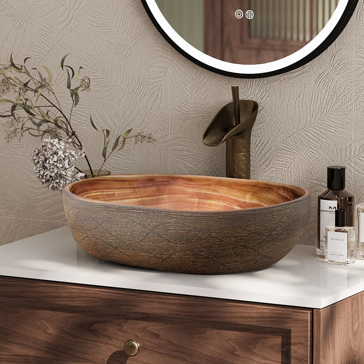 Homary Bathroom Vessel Sink, 18.82" Oval Bowl Sink Retro Ceramic Washbasin Above Counter for Bathroom,Without Pop-up Drain, Retro Brown 
