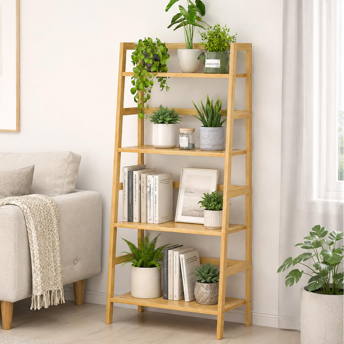 Homykic Bamboo 4-Tier Ladder Shelf 