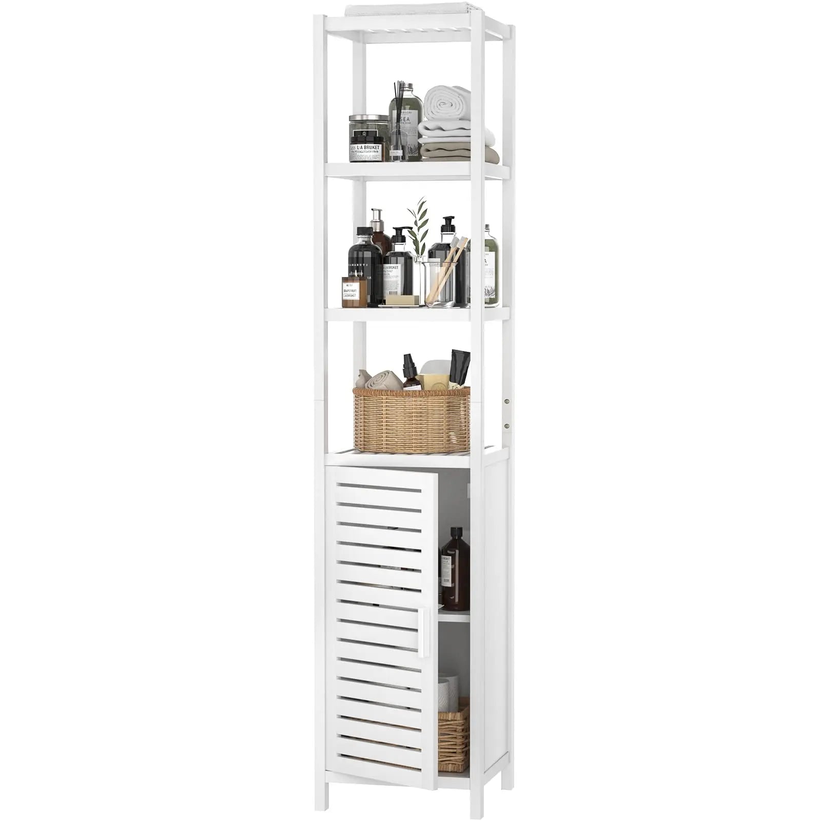 Homykic Bamboo Narrow Bathroom Storage Cabinet, 6-Tier 67 Inch Tall Floor Standing Slim Cabinet Organizer with Shutter Door and Open Shelves for Kitchen, Living Room, Corner, White 