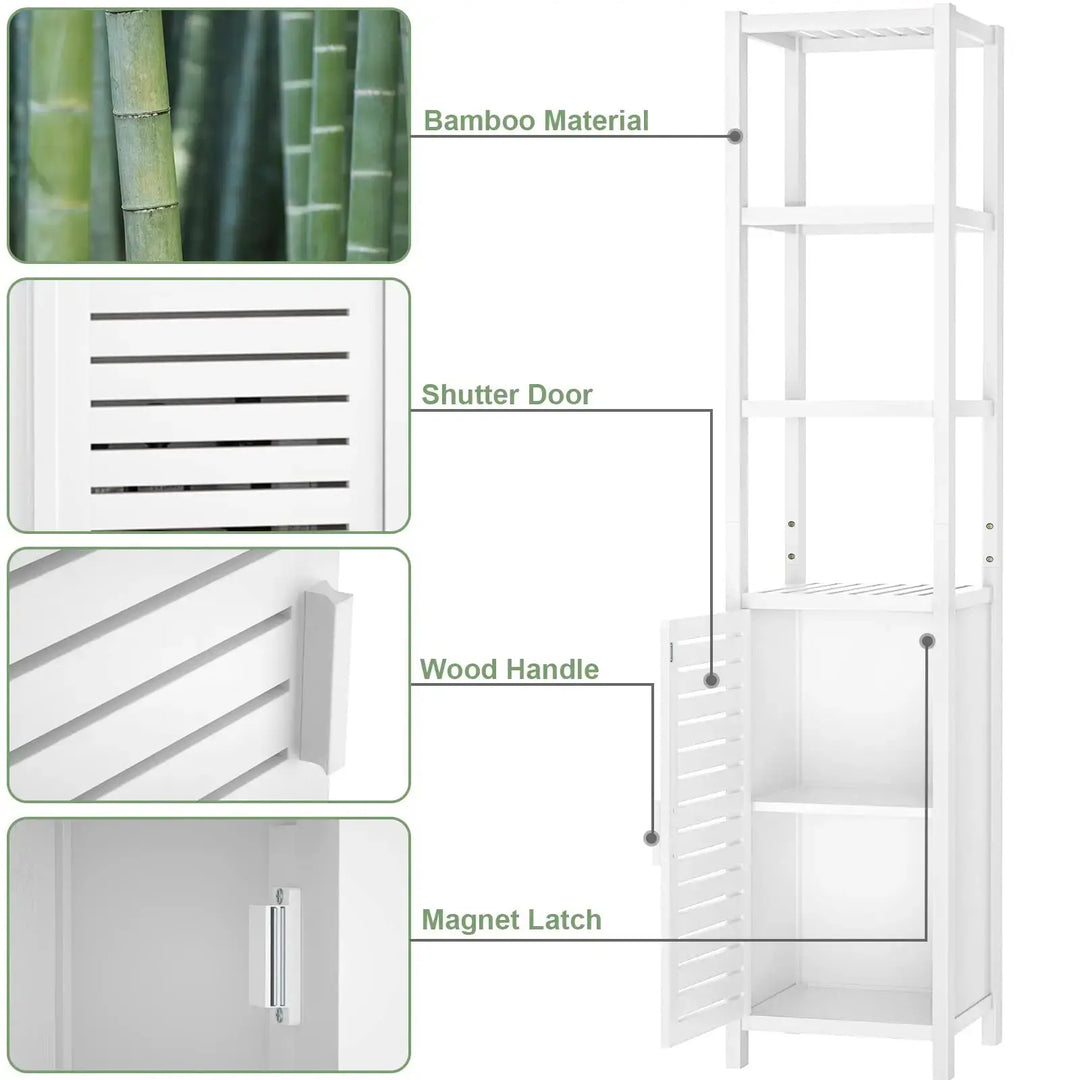 Homykic Bamboo Narrow Bathroom Storage Cabinet, 6-Tier 67 Inch Tall Floor Standing Slim Cabinet Organizer with Shutter Door and Open Shelves for Kitchen, Living Room, Corner, White 