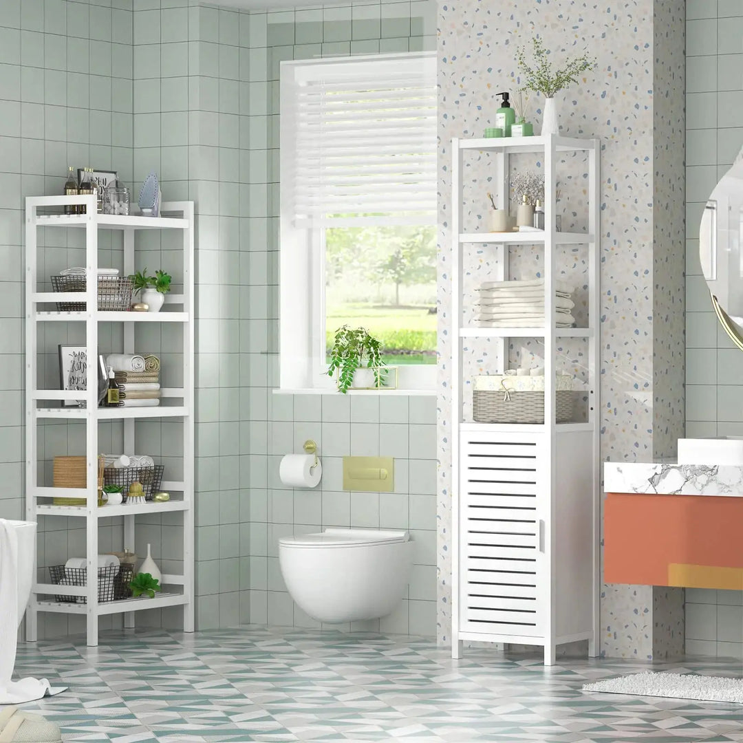 Homykic Bamboo Narrow Bathroom Storage Cabinet, 6-Tier 67 Inch Tall Floor Standing Slim Cabinet Organizer with Shutter Door and Open Shelves for Kitchen, Living Room, Corner, White 