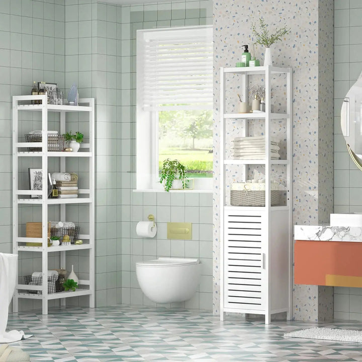 Homykic Bamboo Narrow Bathroom Storage Cabinet, 6-Tier 67 Inch Tall Floor Standing Slim Cabinet Organizer with Shutter Door and Open Shelves for Kitchen, Living Room, Corner, White 