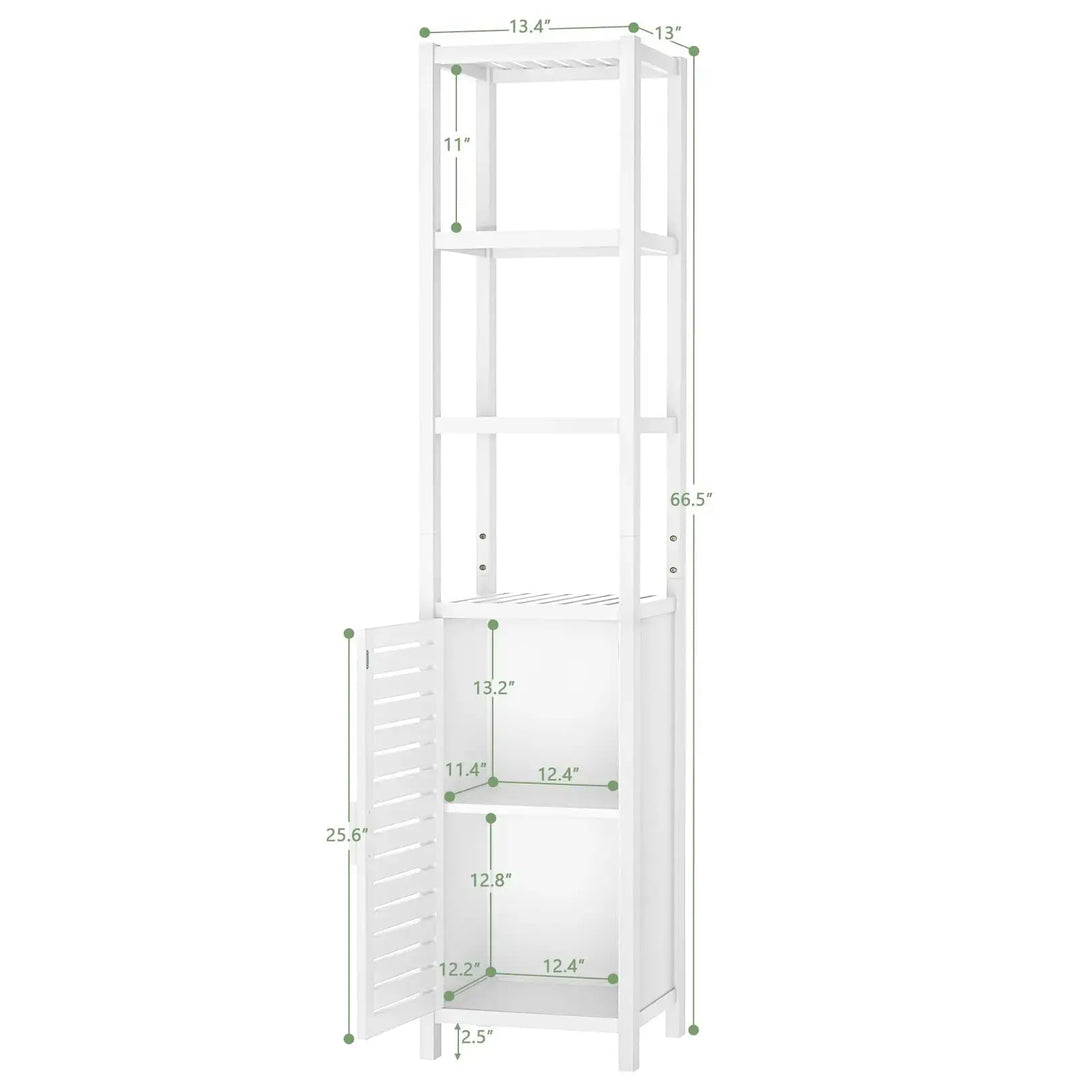 Homykic Bamboo Narrow Bathroom Storage Cabinet, 6-Tier 67 Inch Tall Floor Standing Slim Cabinet Organizer with Shutter Door and Open Shelves for Kitchen, Living Room, Corner, White 
