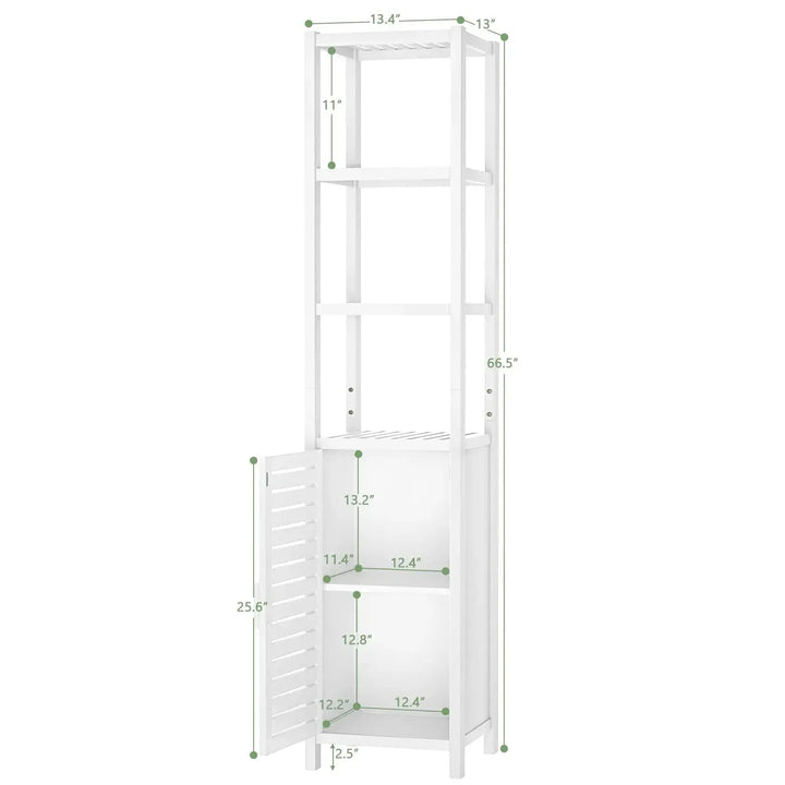 Homykic Bamboo Narrow Bathroom Storage Cabinet, 6-Tier 67 Inch Tall Floor Standing Slim Cabinet Organizer with Shutter Door and Open Shelves for Kitchen, Living Room, Corner, White 