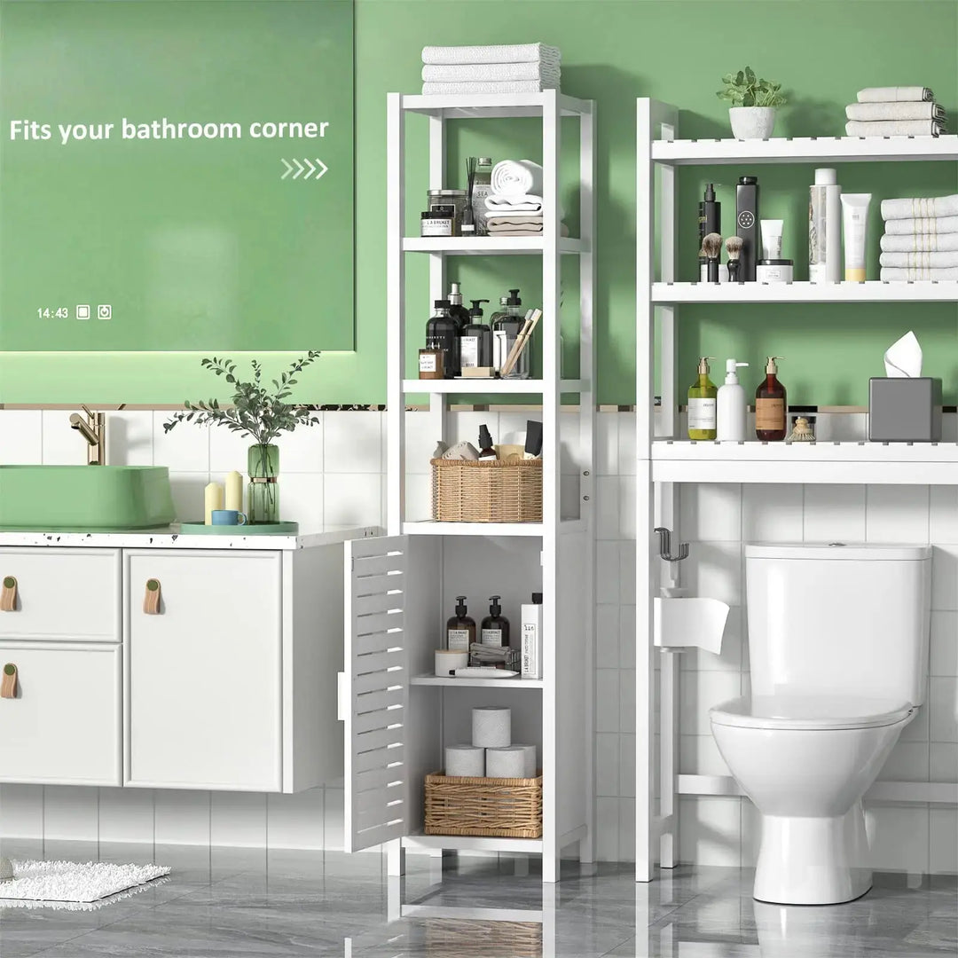 Homykic Bamboo Narrow Bathroom Storage Cabinet, 6-Tier 67 Inch Tall Floor Standing Slim Cabinet Organizer with Shutter Door and Open Shelves for Kitchen, Living Room, Corner, White 