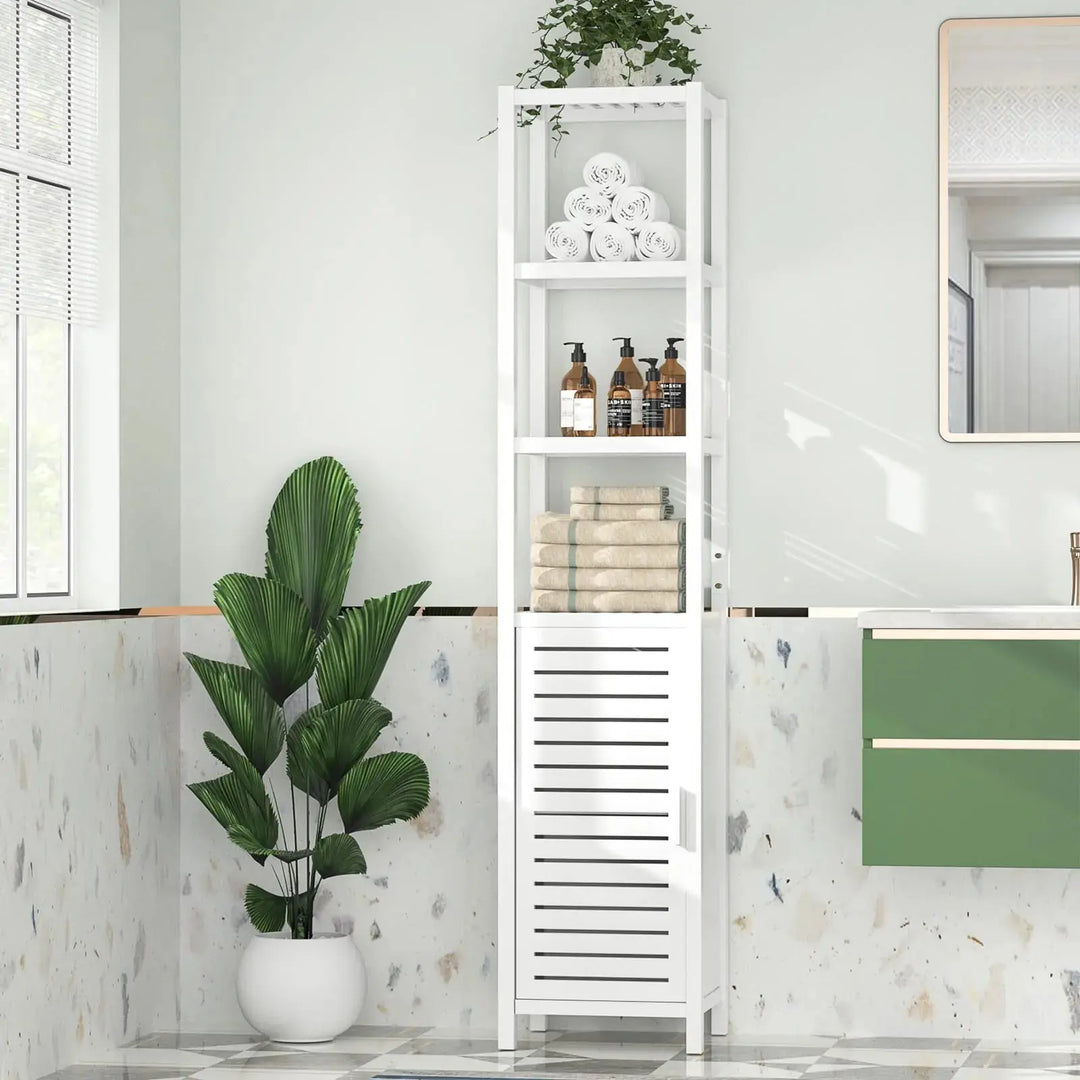 Homykic Bamboo Narrow Bathroom Storage Cabinet, 6-Tier 67 Inch Tall Floor Standing Slim Cabinet Organizer with Shutter Door and Open Shelves for Kitchen, Living Room, Corner, White 