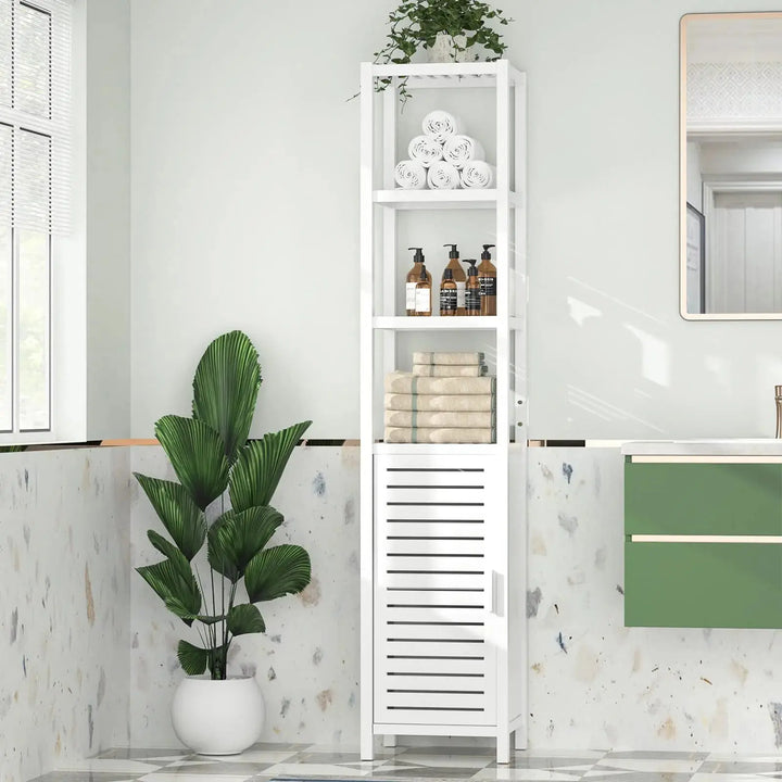 Homykic Bamboo Narrow Bathroom Storage Cabinet, 6-Tier 67 Inch Tall Floor Standing Slim Cabinet Organizer with Shutter Door and Open Shelves for Kitchen, Living Room, Corner, White 