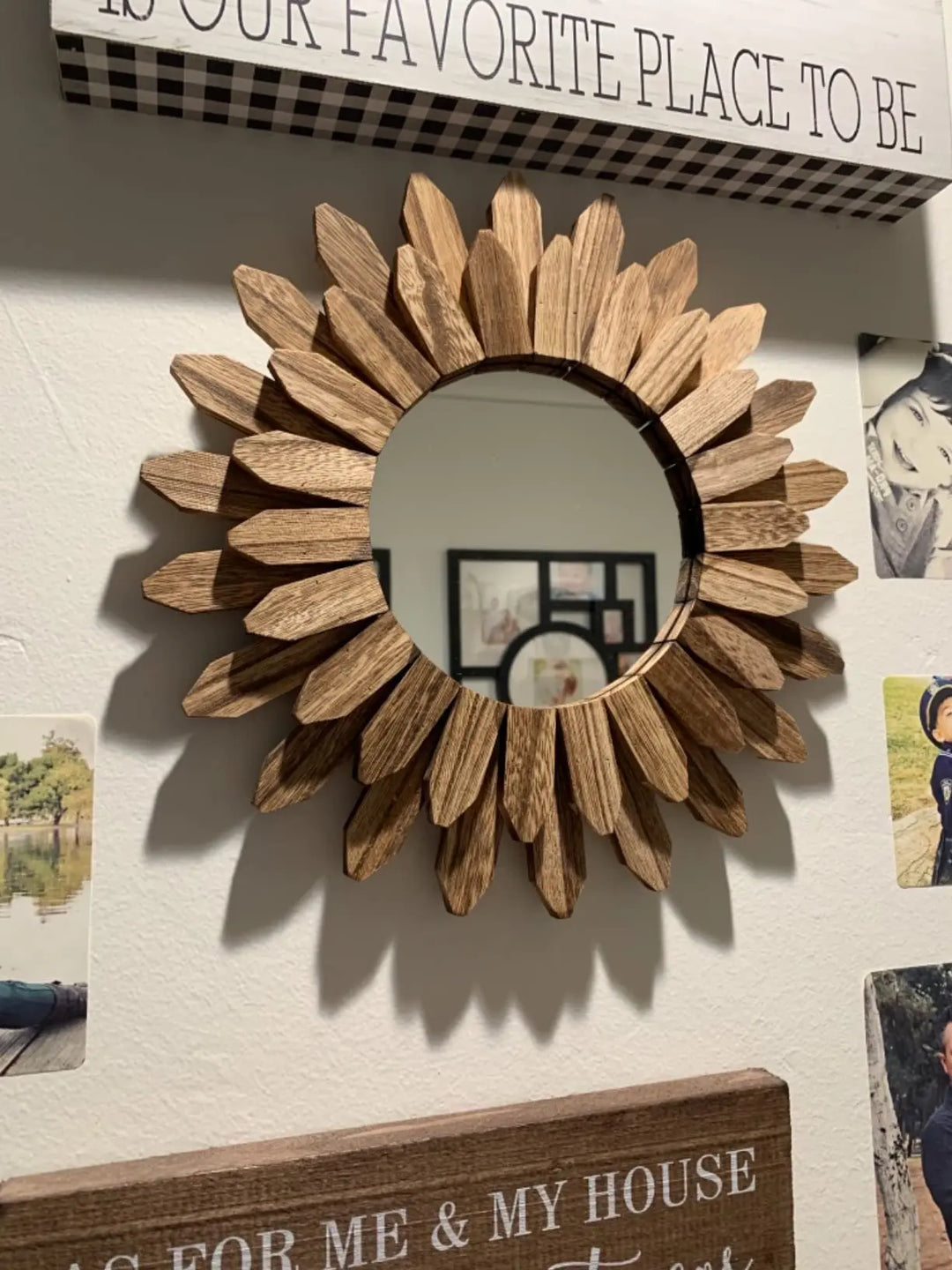 Honiway Wall Mirror Decorative 12 inch Rustic Wood Mirror Sunburst Boho Mirror for Entryway Bedroom Living Room Bathroom House Warming Gifts New Home Essential Carbonized Black 
