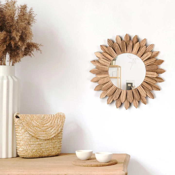 Honiway Wall Mirror Decorative 12 inch Rustic Wood Mirror Sunburst Boho Mirror for Entryway Bedroom Living Room Bathroom House Warming Gifts New Home Essential Carbonized Black 