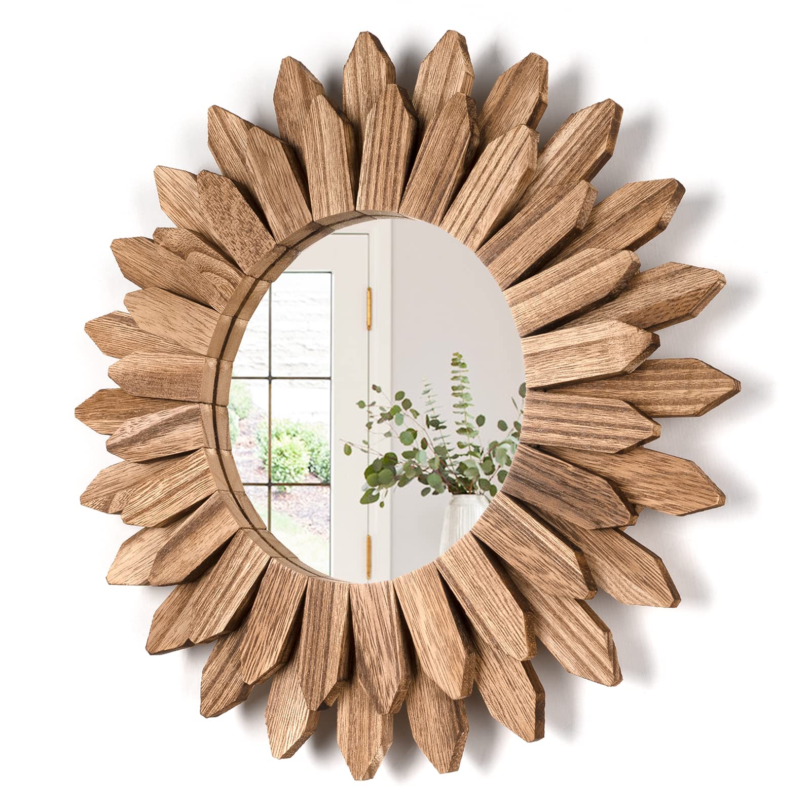 Honiway Wall Mirror Decorative 12 inch Rustic Wood Mirror Sunburst Boho Mirror for Entryway Bedroom Living Room Bathroom House Warming Gifts New Home Essential Carbonized Black 